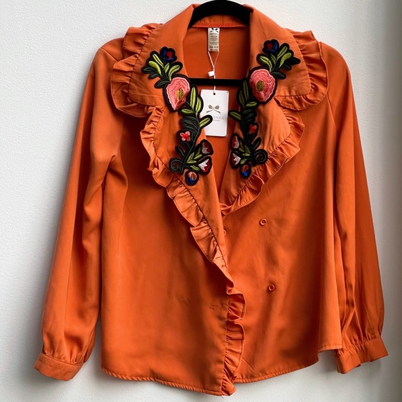 Chicwish Tops - NWT orange double breast blouse with ruffles and flower embroidery